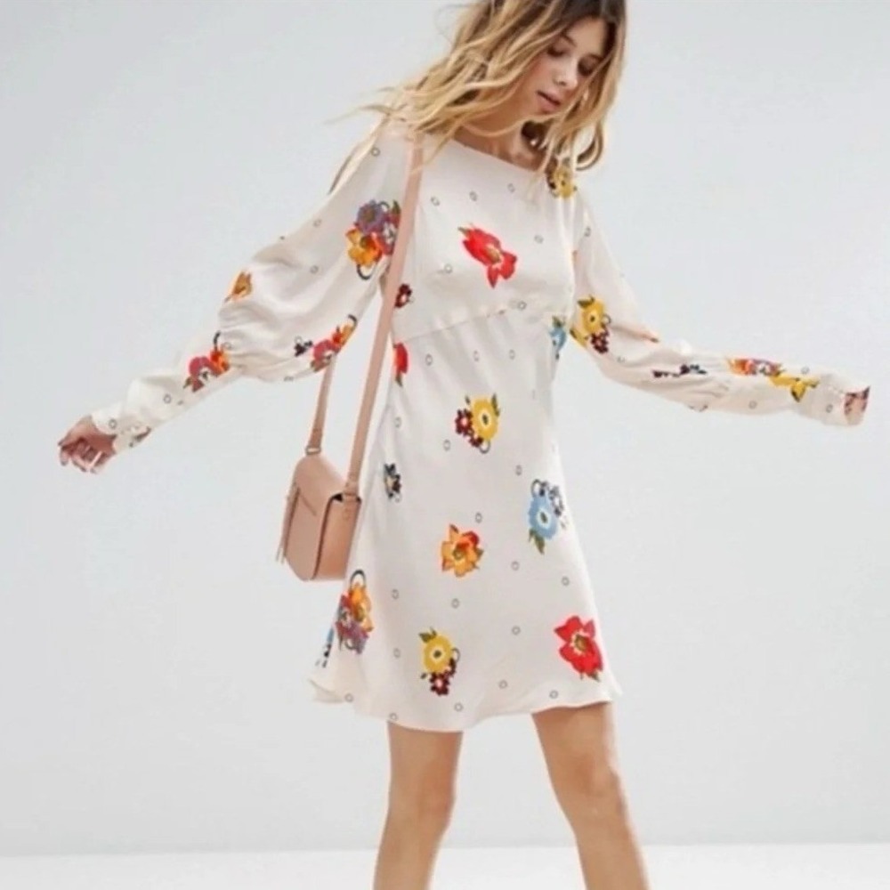 Free People Heart of Gold‎ Cream Floral Cold Shoulder Mini Dress Size 0 OB802996